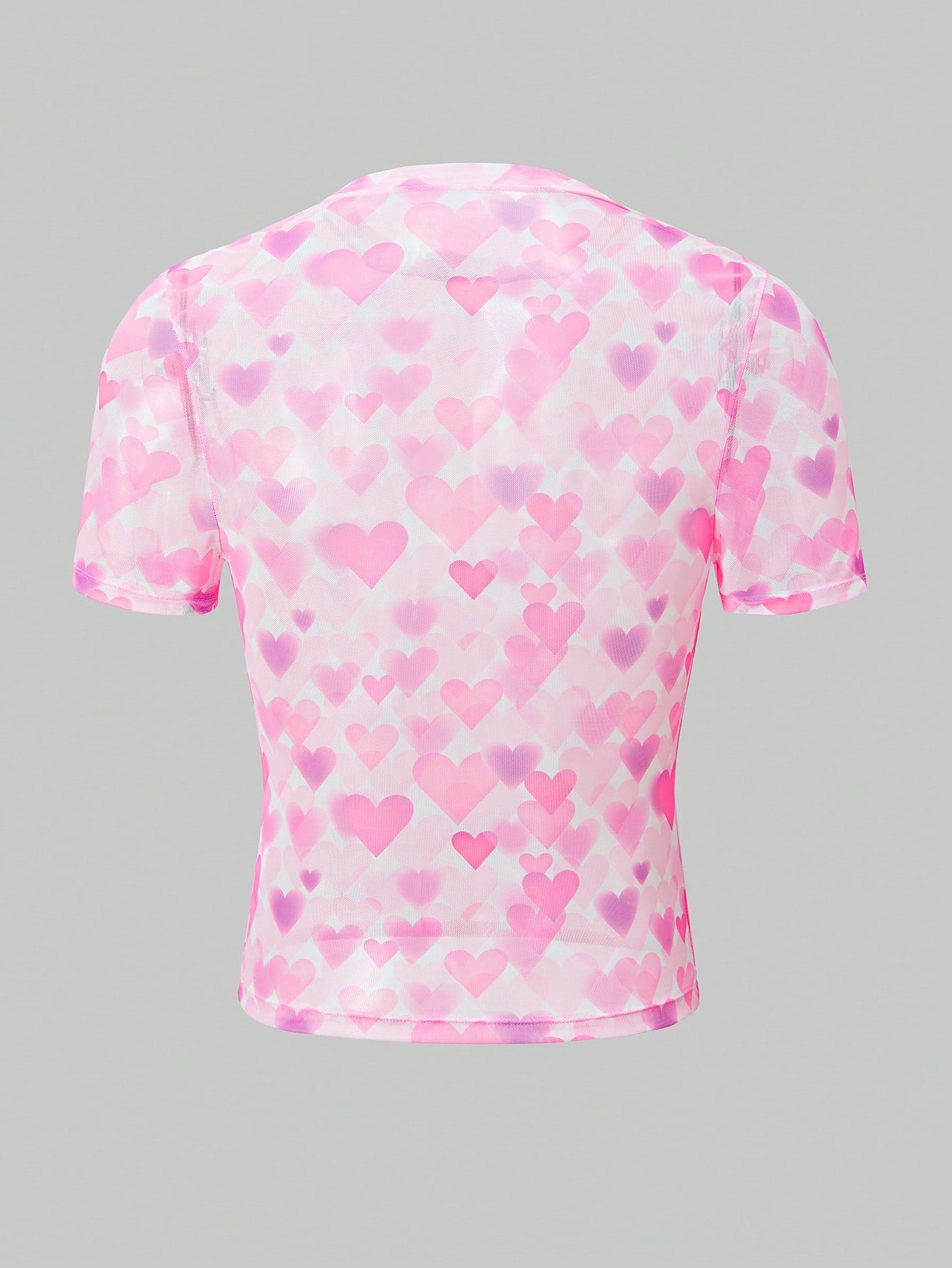Men’s Short Sleeve Mesh Fabric Top With Allover Heart Print, Lightweight Design, For Casual Wear