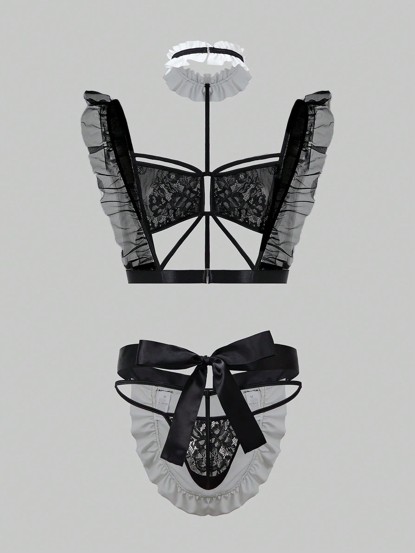 Men’s Black And White Costume-Style Set With Bow Detail And Ruffled Trim, Coordinated Design, For General Wear