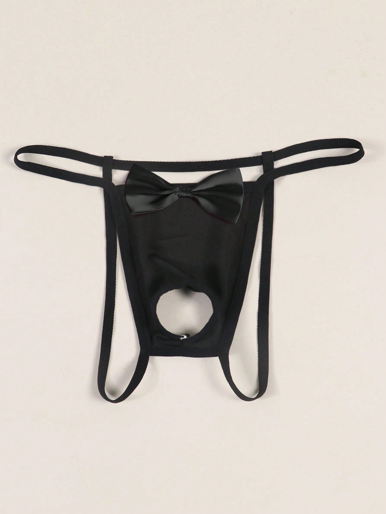 Men's Sexy Hollow Out Bowknot Black Thong With Neck Collar, Comfortable And Stylish