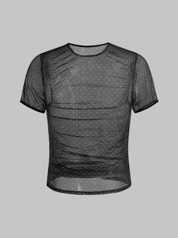 Men’s Mesh Fabric Base Layer T-Shirt With Decorative Stone Accent, Lightweight Design, For Casual Wear