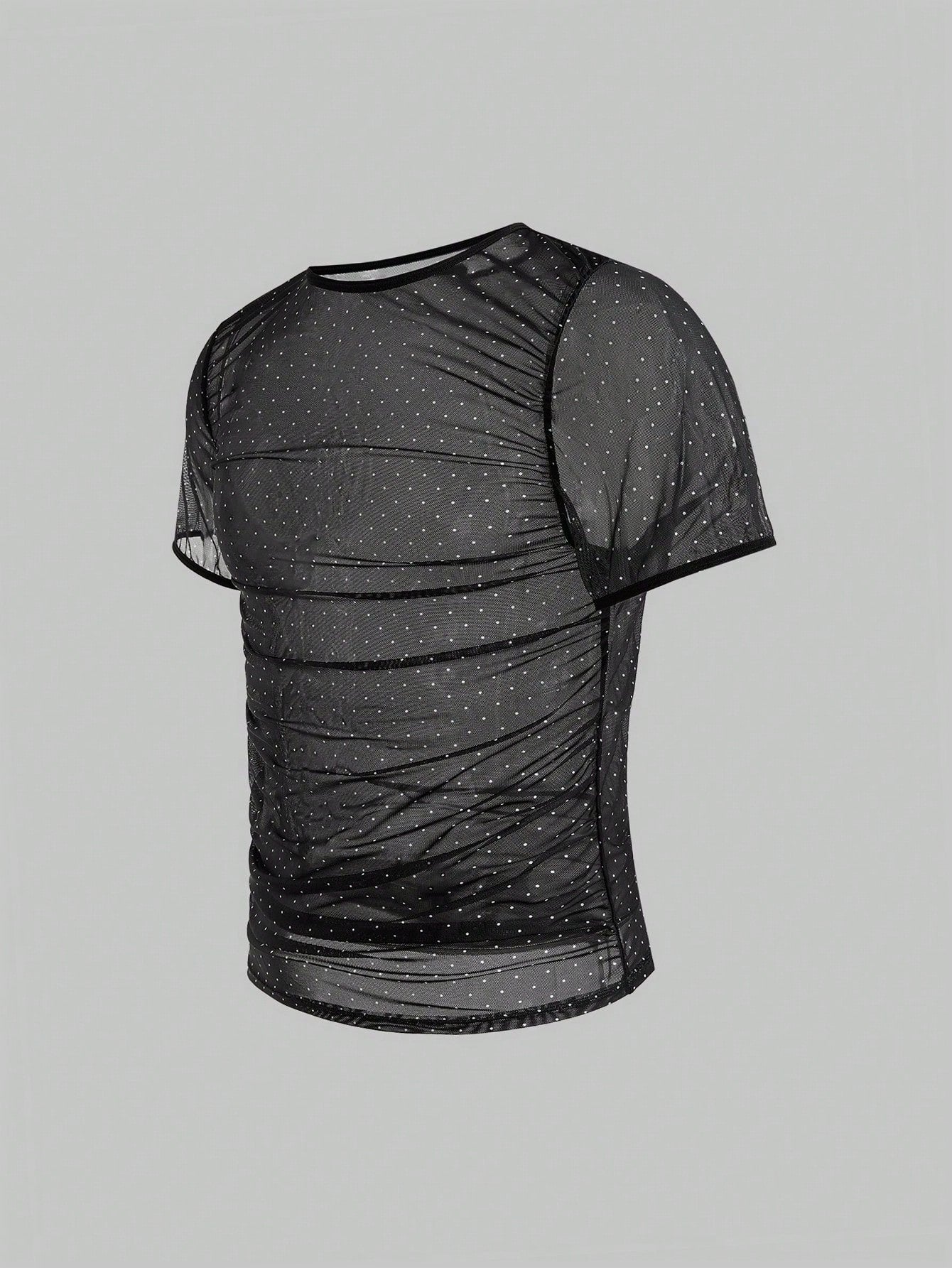 Men’s Mesh Fabric Base Layer T-Shirt With Decorative Stone Accent, Lightweight Design, For Casual Wear