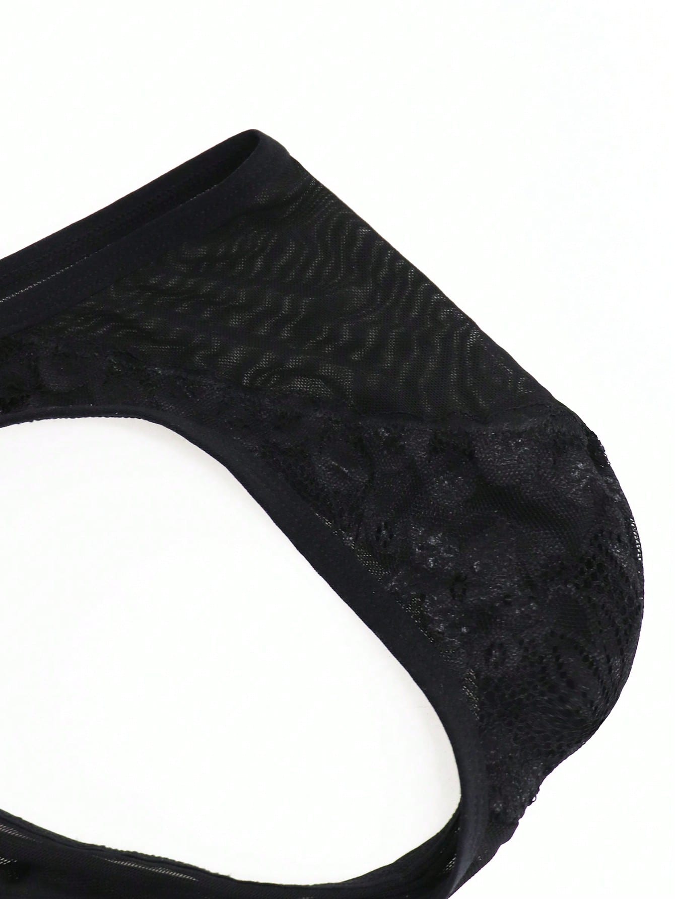 1pc Men's Black Lace Trim Hollow Mesh Mid Rise Briefs