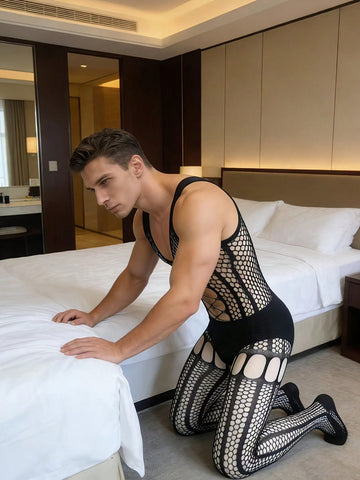 Elastic Knitted Sheer Mesh Fishnet Bodystocking For Men