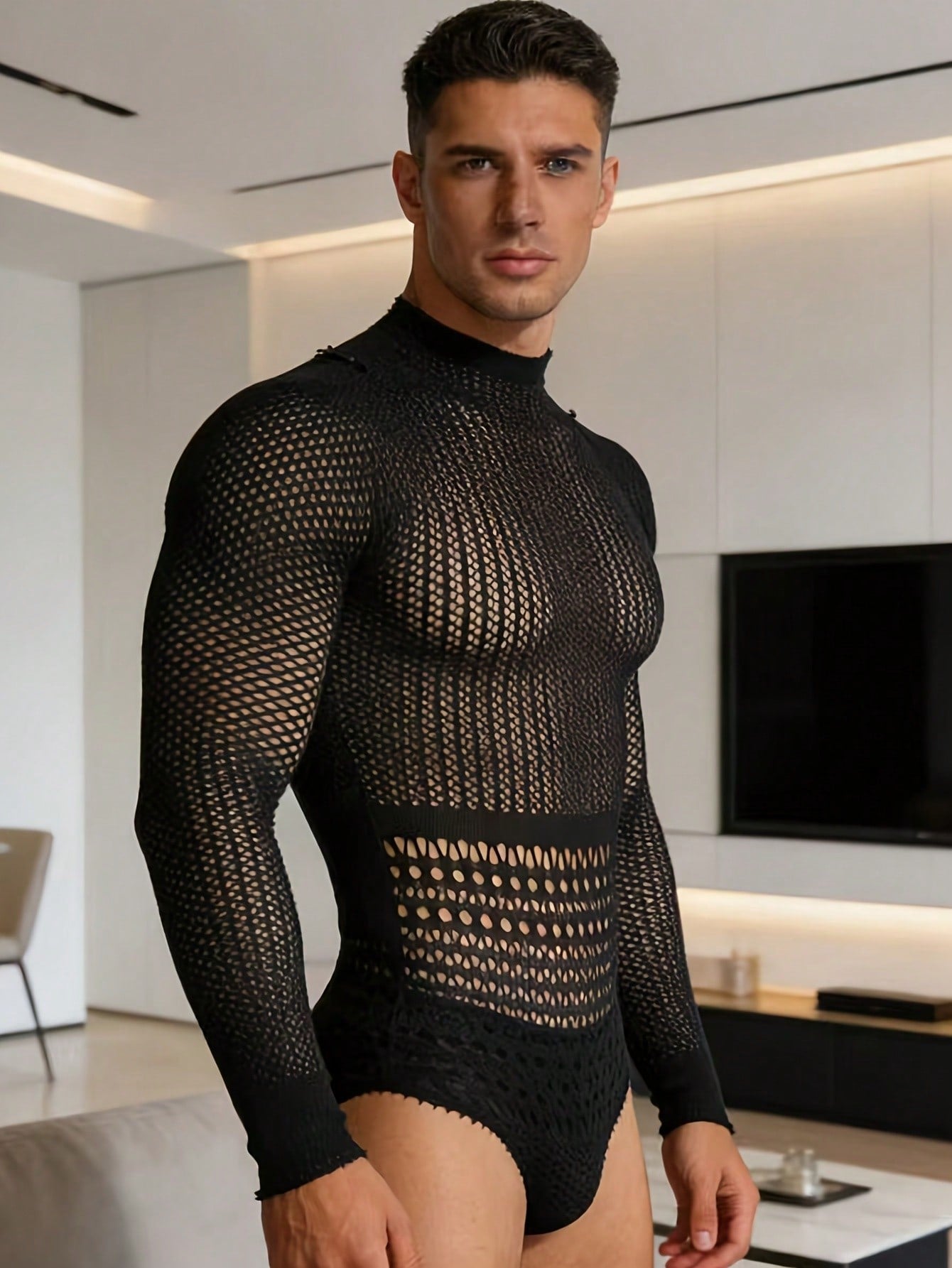 Fishnet Hollow Out Mesh Jumpsuit For Men
