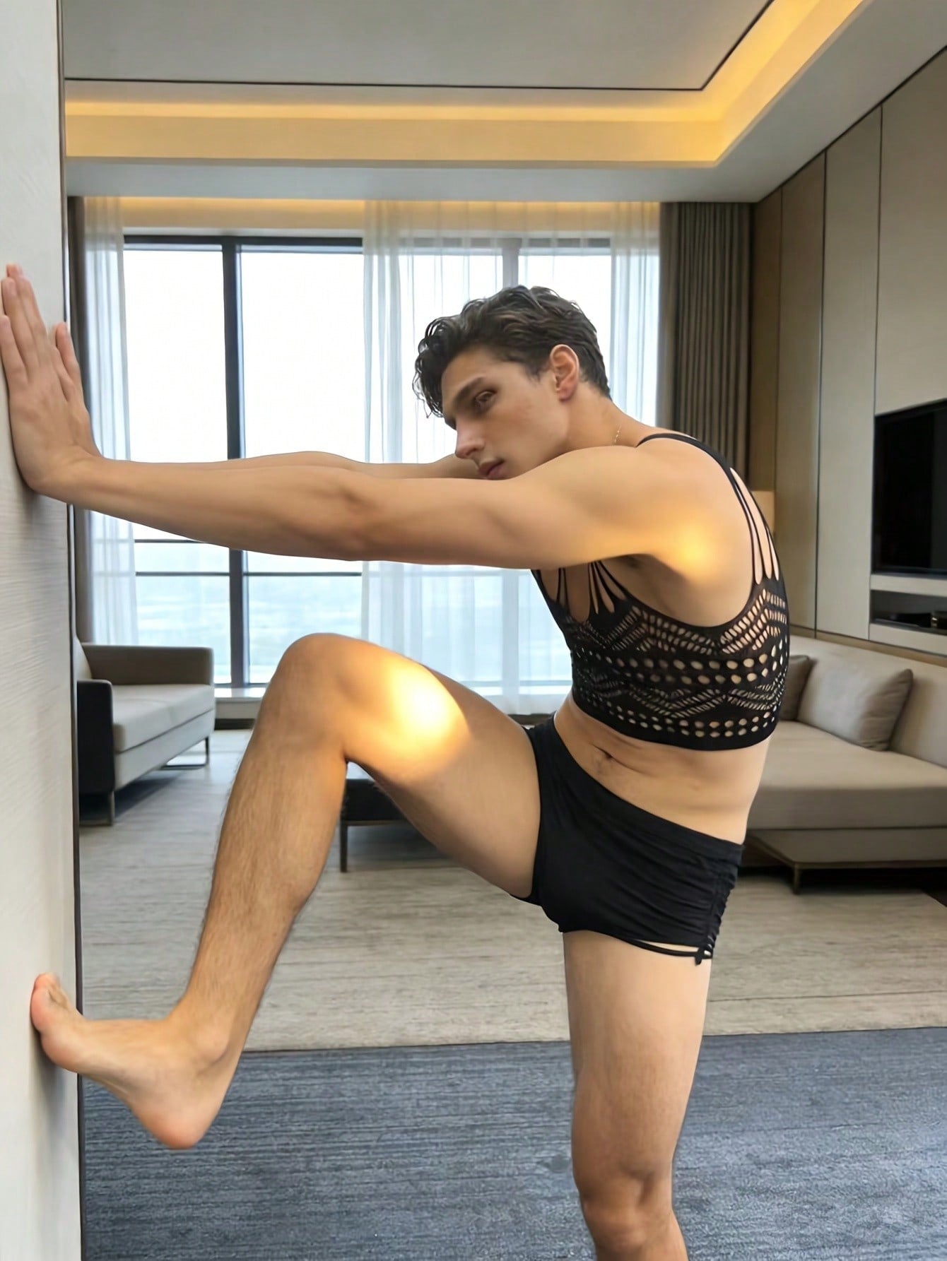 Hollow Mesh Sheer Nightclub Fishnet Bodystocking For Men