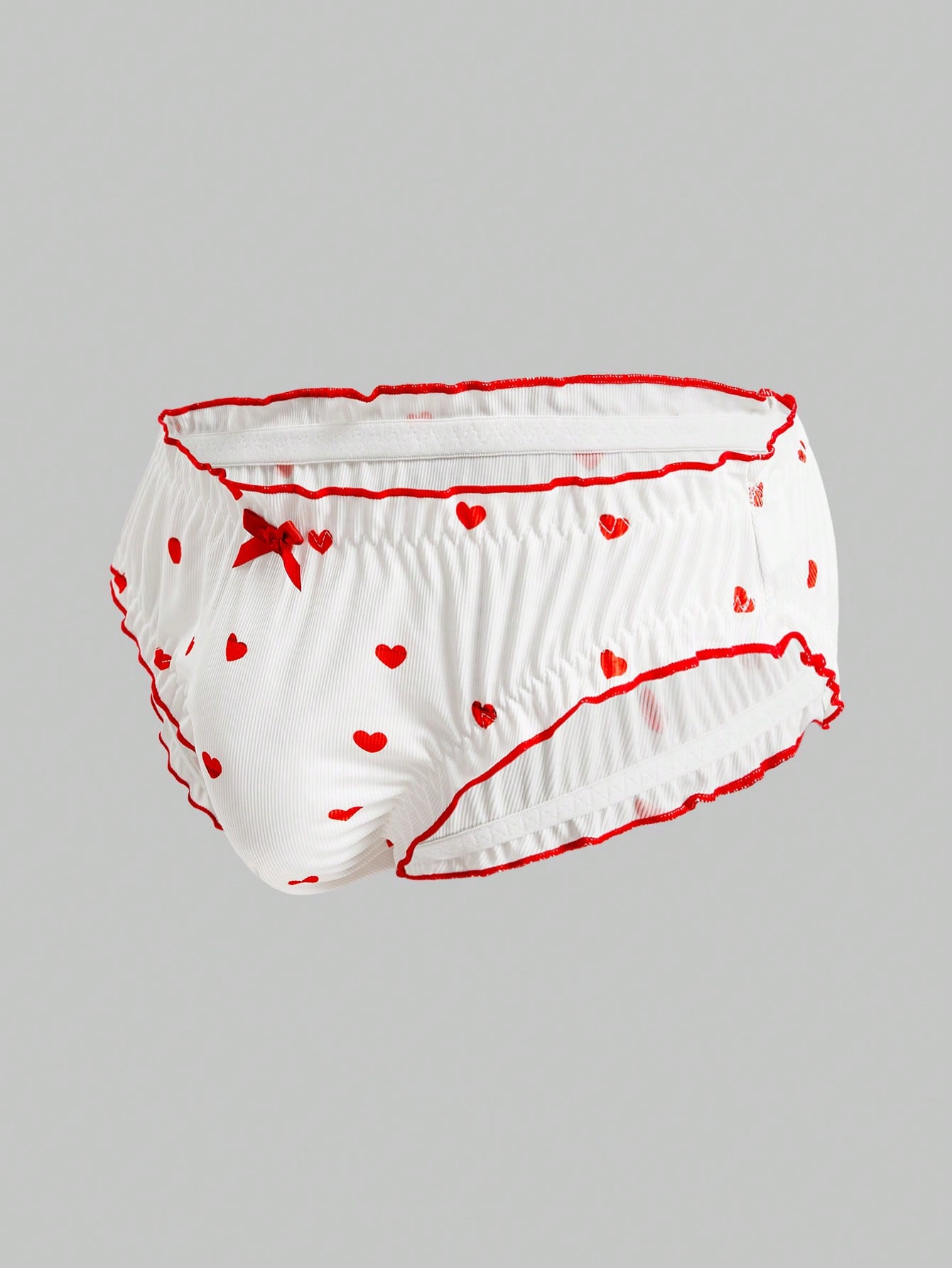 Men’s Heart Print Short With Ruched Detail And Bow Accent, Clean Design, For Daily Wear