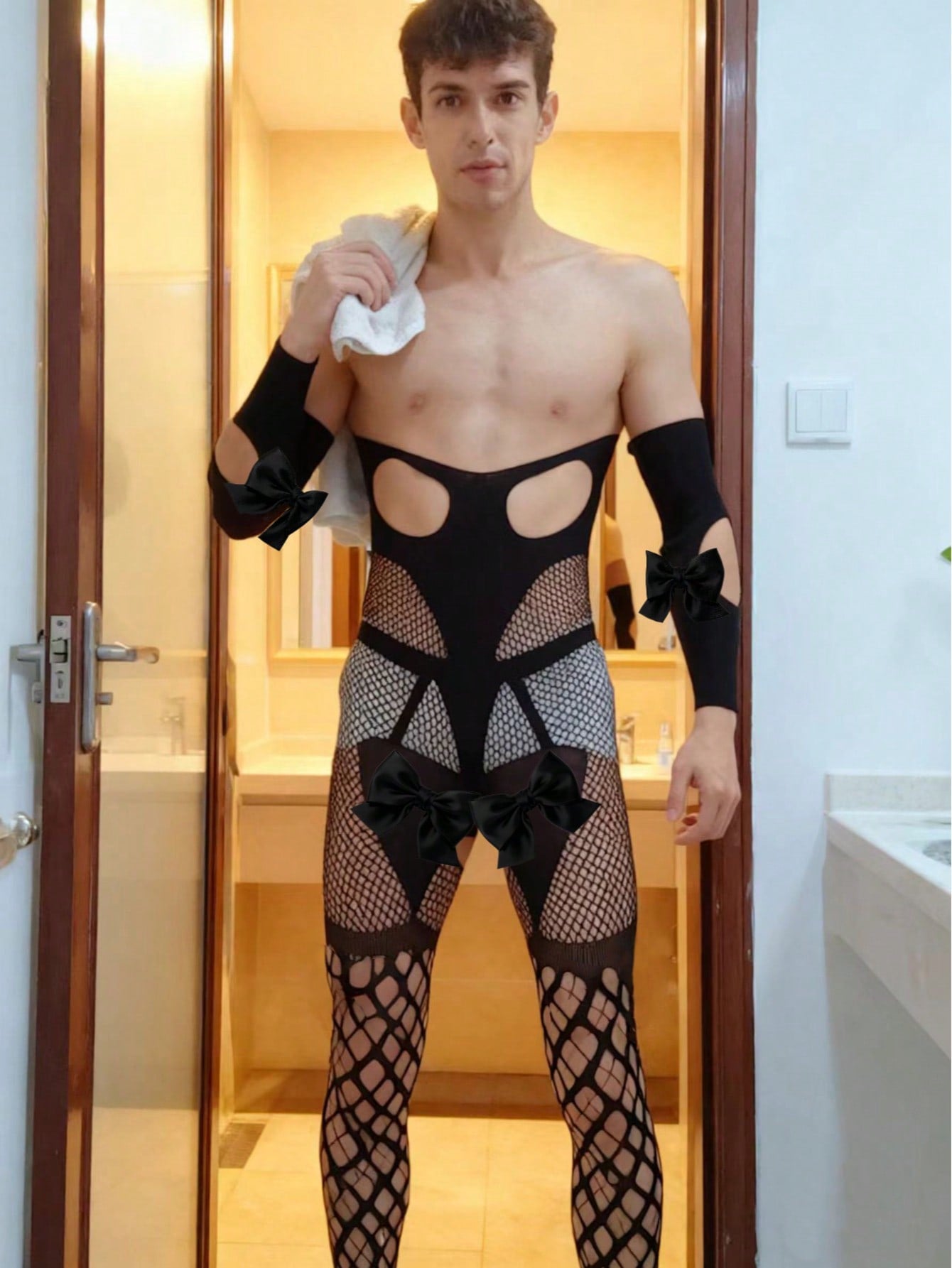 Sheer Hollow Out Fishnet Bodysuit For Men