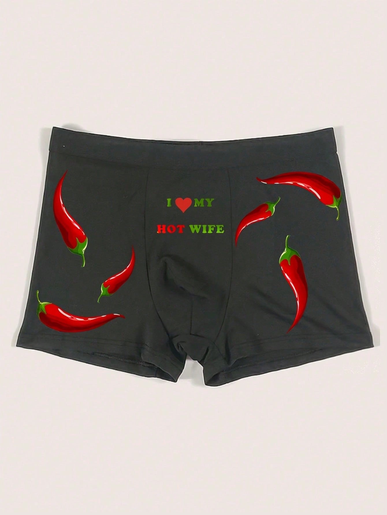 Men's Black Boxer Briefs With Red Pepper Heart And Letter Print
