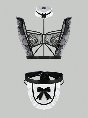 Men’s Black And White Costume-Style Set With Bow Detail And Ruffled Trim, Coordinated Design, For General Wear