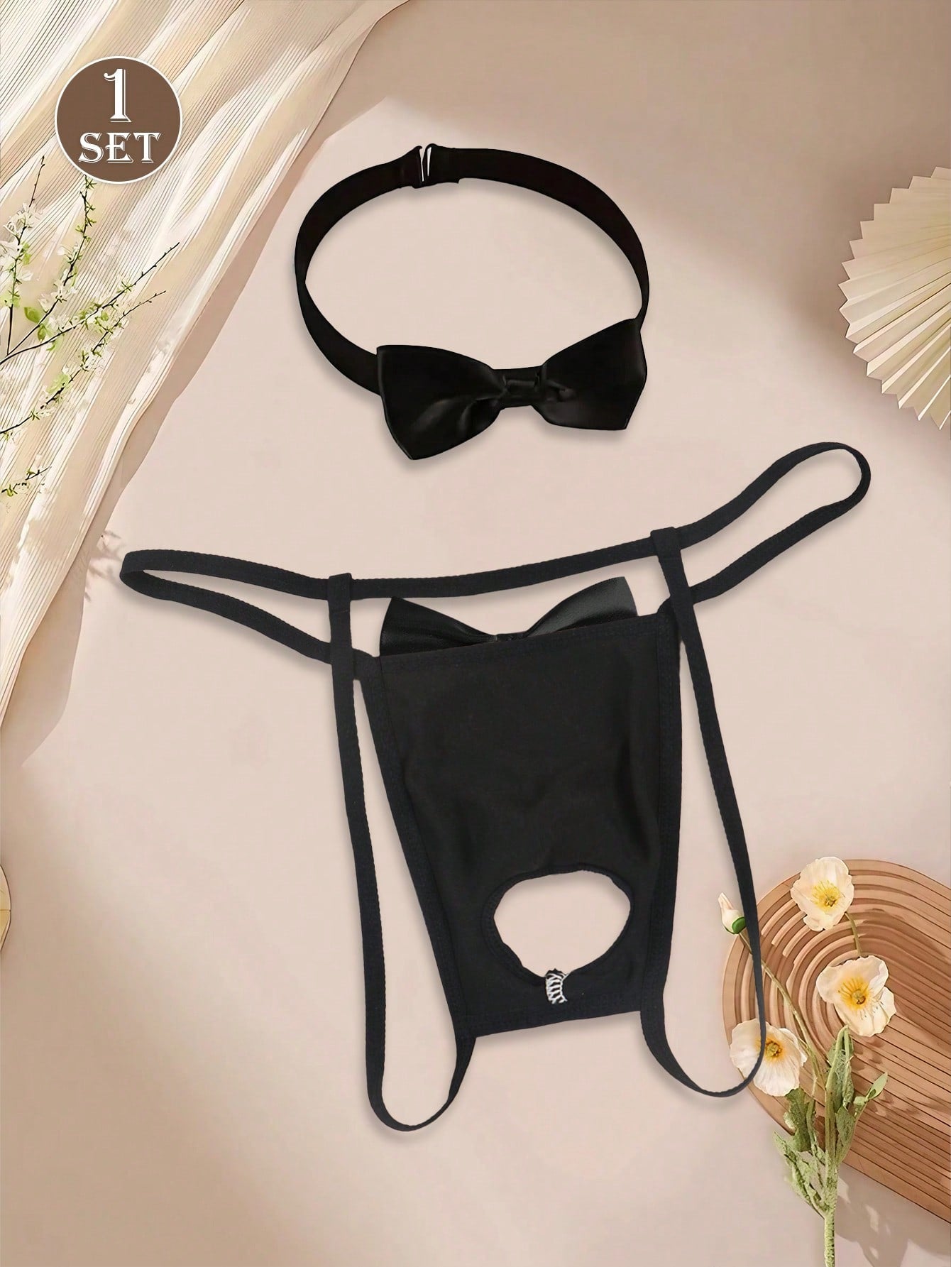 Men's Sexy Hollow Out Bowknot Black Thong With Neck Collar, Comfortable And Stylish