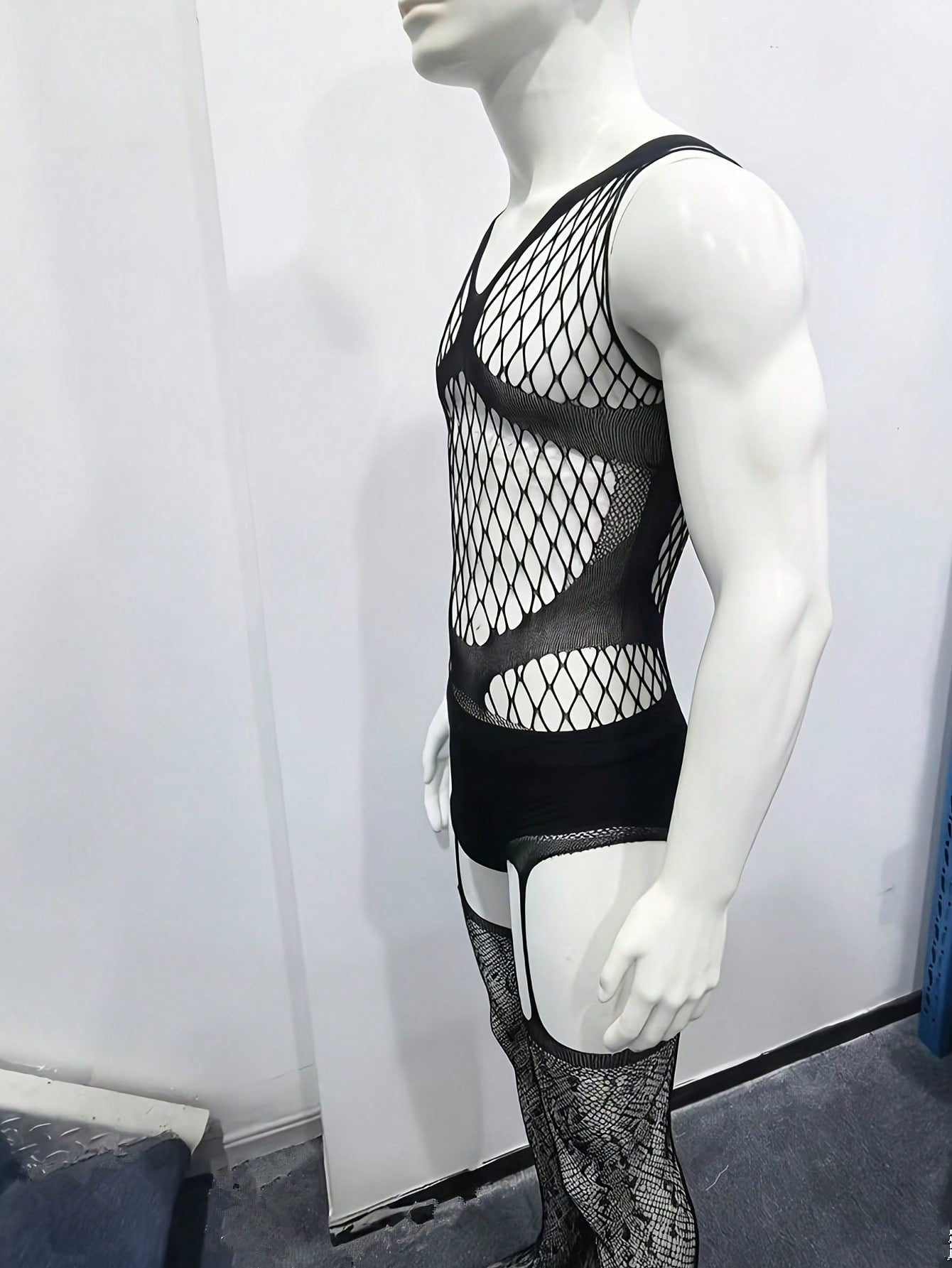 Hollow Out Leopard Jacquard Fishnet Bodystocking For Men