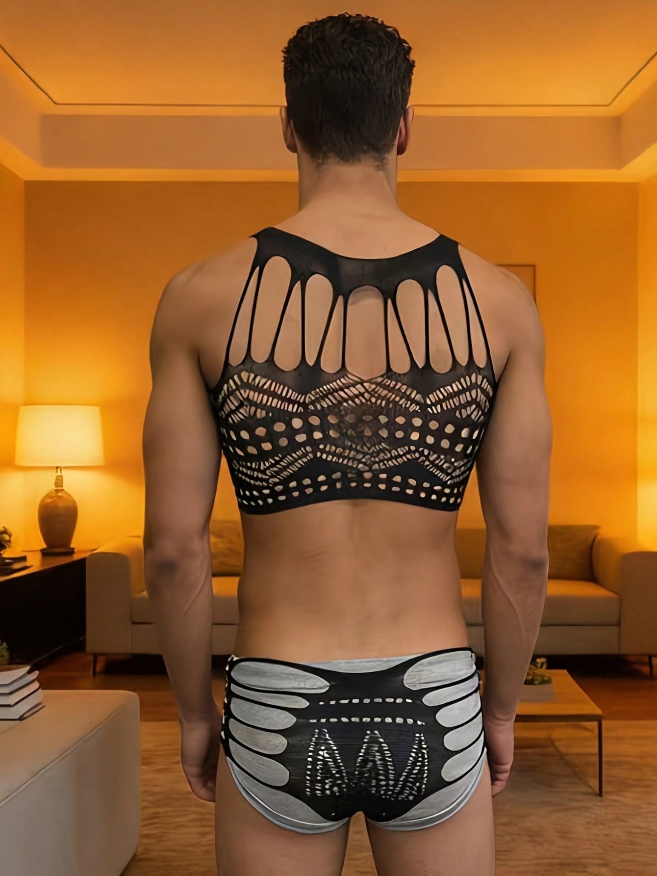 Hollow Mesh Sheer Nightclub Fishnet Bodystocking For Men