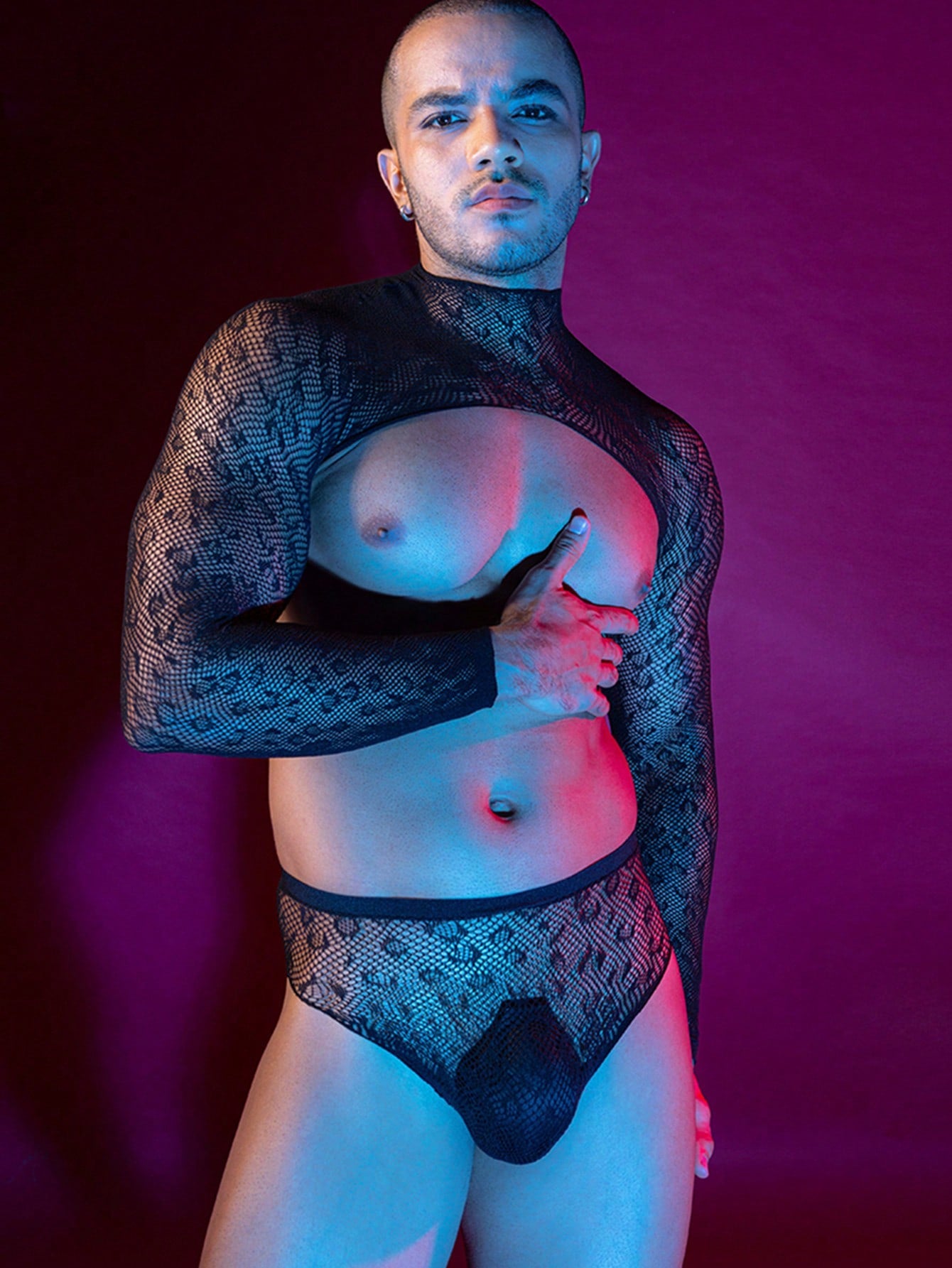 Sheer Leopard Print Long Sleeve Fishnet Bodysuit For Men