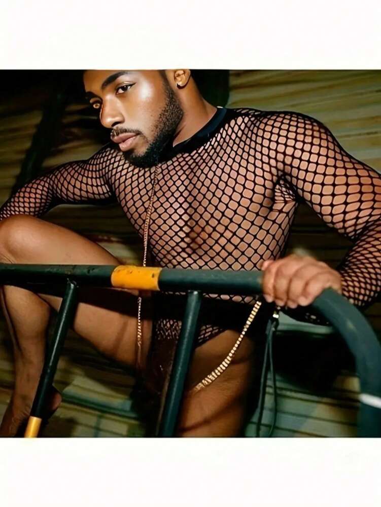 Men’s Fishnet Jumpsuit – Stretchy Hollowed-Out Tight Party Outfit