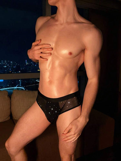 Men’s Rhinestone Mesh Hollow Briefs – Cut-Out Design