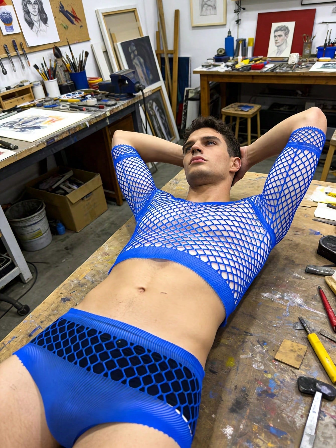 Knitted Elastic Mesh Sheer Lingerie Set For Men