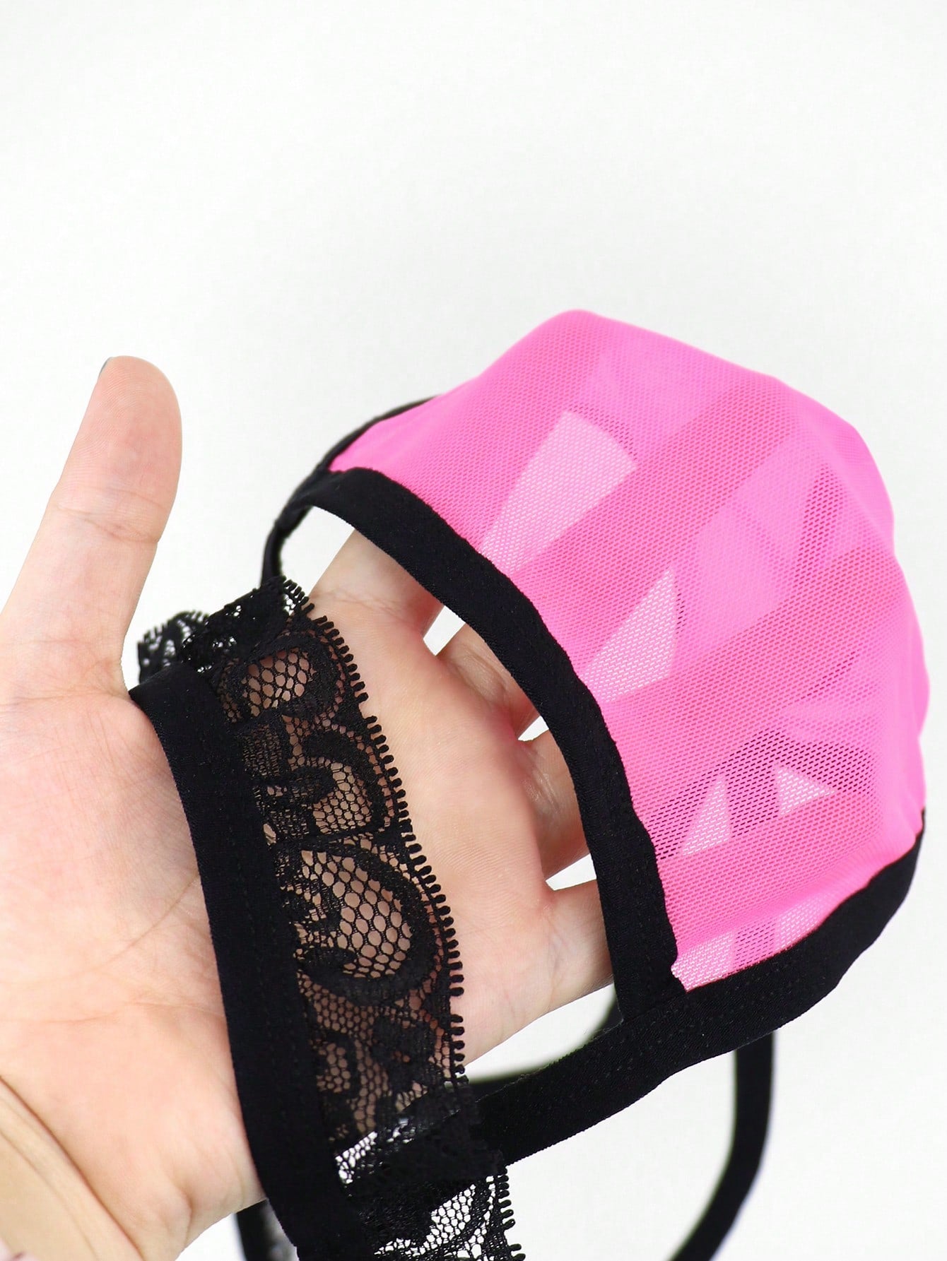 1pc Men’s Fuchsia Mesh Short with Lace Trim, Lightweight and Breathable Fabric