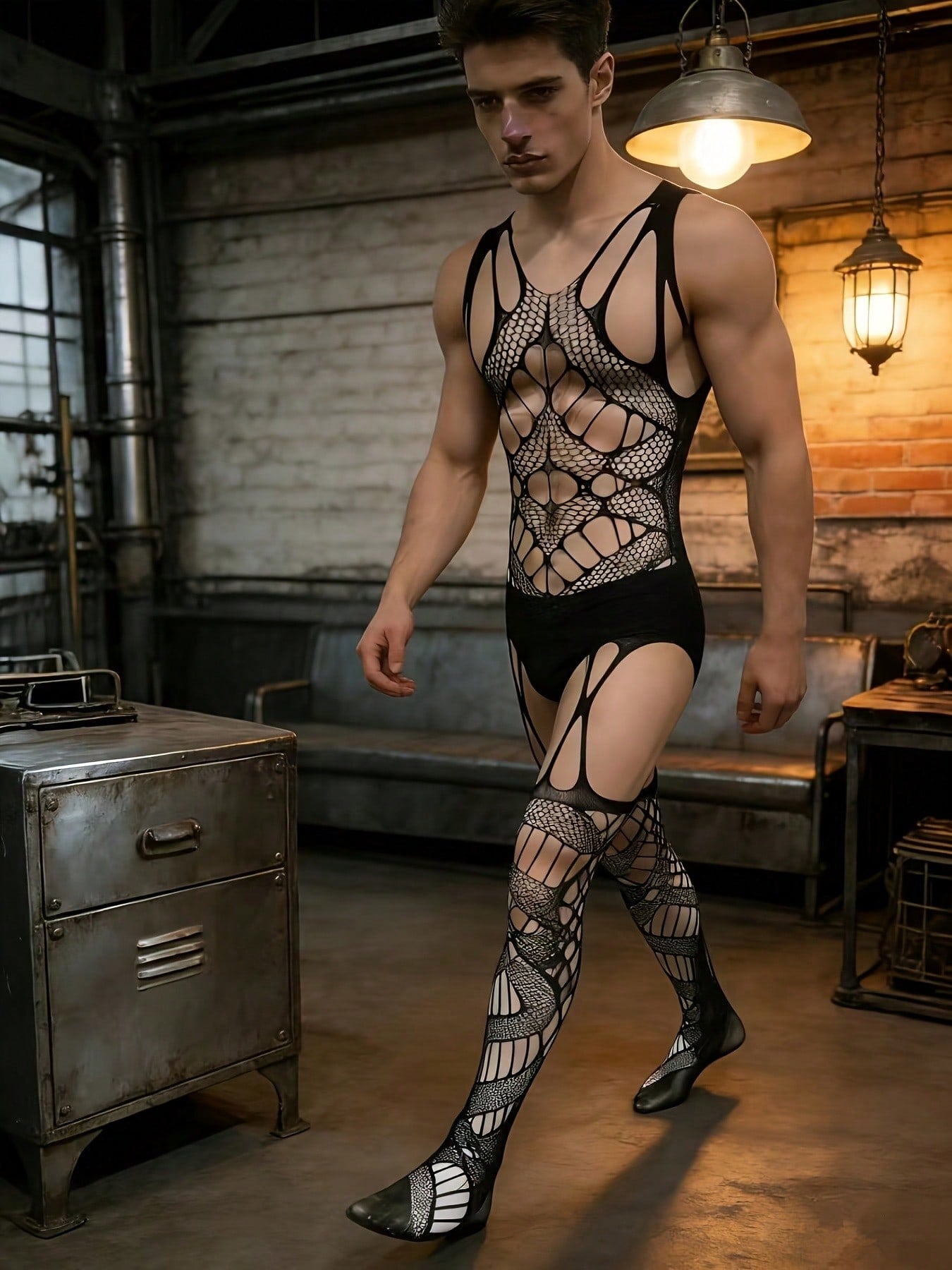 Fishnet Knitted Elastic Full Body Sheer Socks For Men
