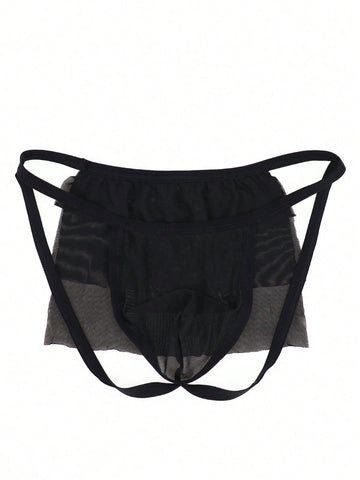 Men's Black Mesh Mid Waist Briefs With Hollow Design