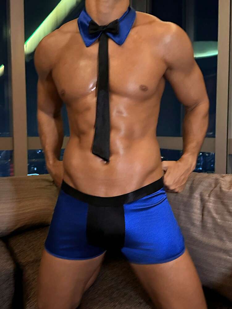 Men’s 2 Piece Costume Set with Contrast Color Shorts and Bow Tie, Lightweight Fabric, Decorative Detail, For General Occasions