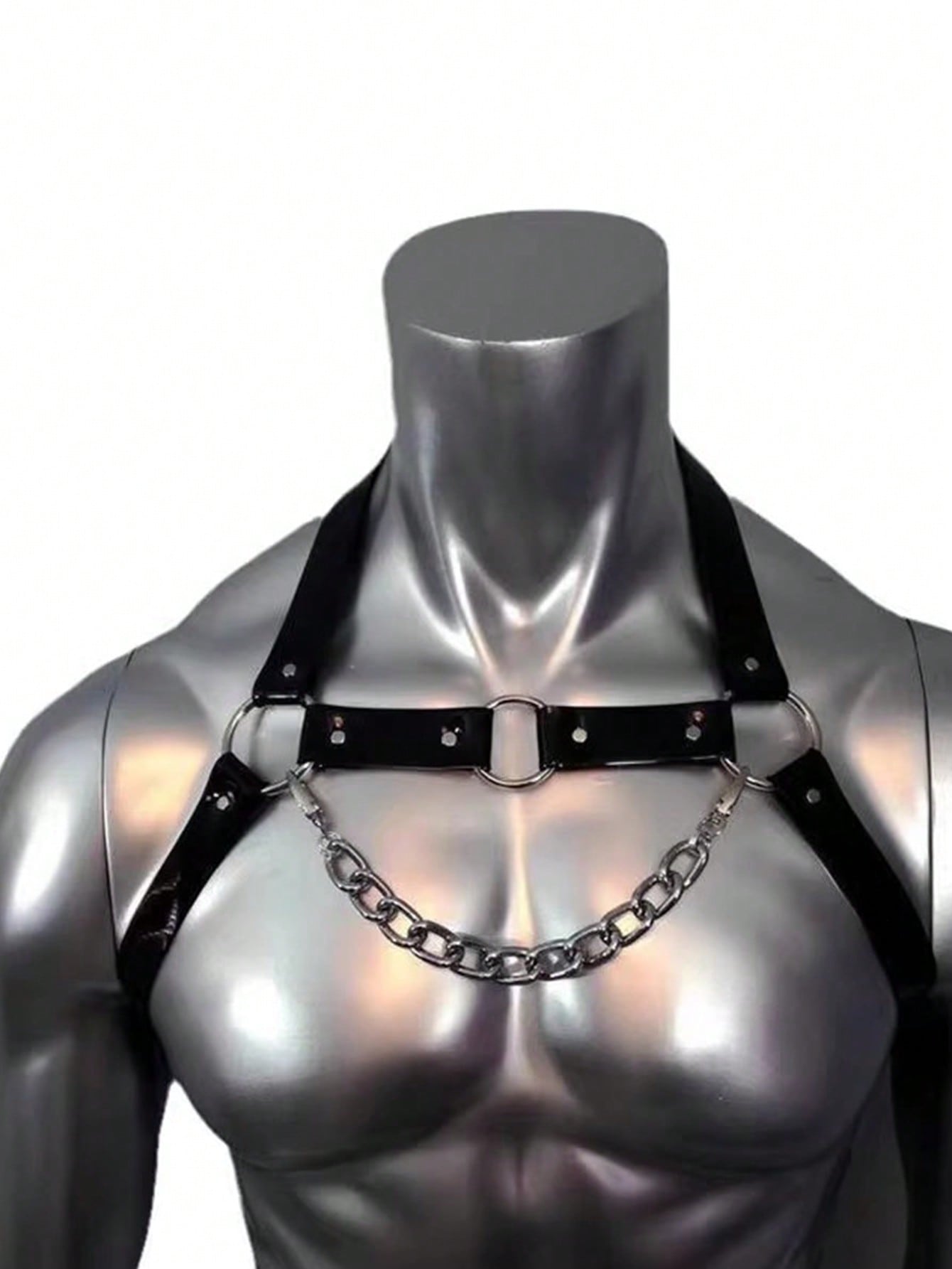 Men's Chest Chain Suspenders - Punk Stud Detail, Adjustable Square Buckle Shoulder Strap, Very Suitable For Nightclubs, Parties And Electronic Music Festivals - Black, ,Punk Style, Adjustable Strap