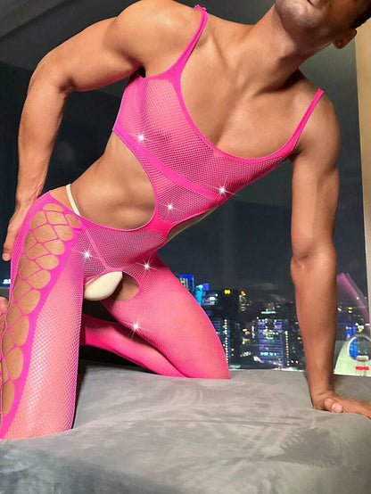 Men’s Crotch-Open Mesh Bodystocking with Suspender – Mesh Lingerie