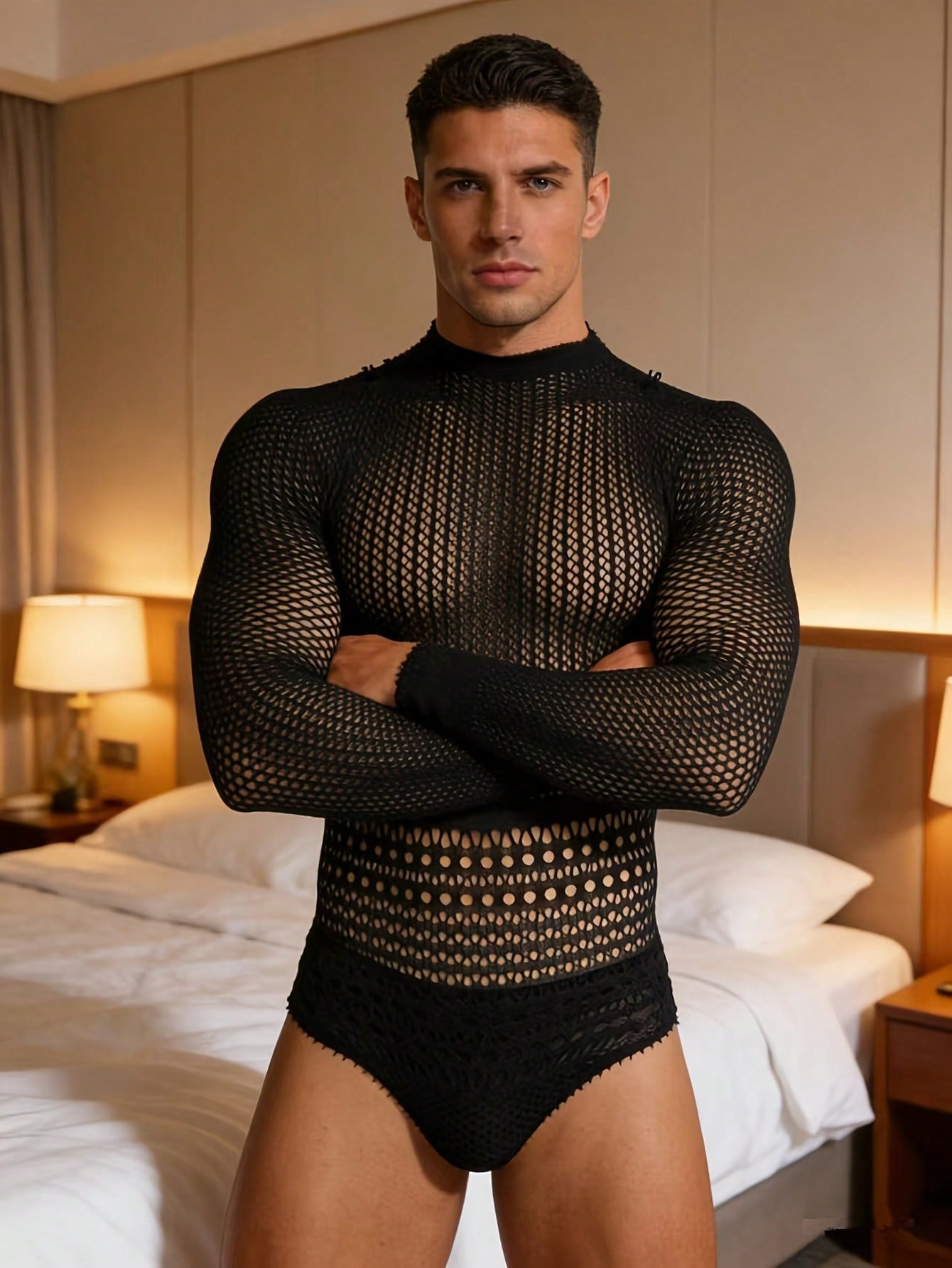 Fishnet Hollow Out Mesh Jumpsuit For Men