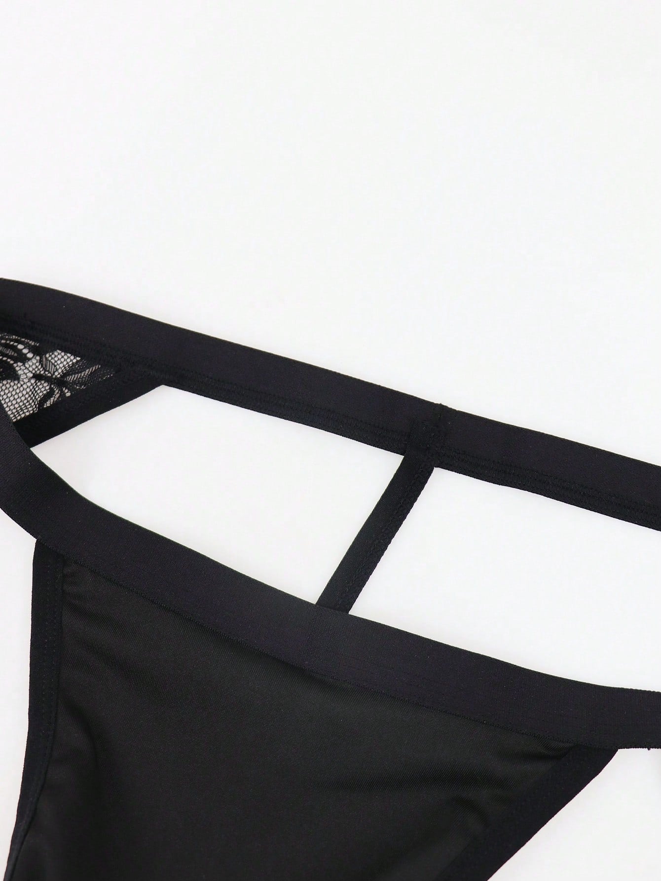 1pc Men’s Black Lace Short with Decorative Strap Detail, Lightweight Fabric