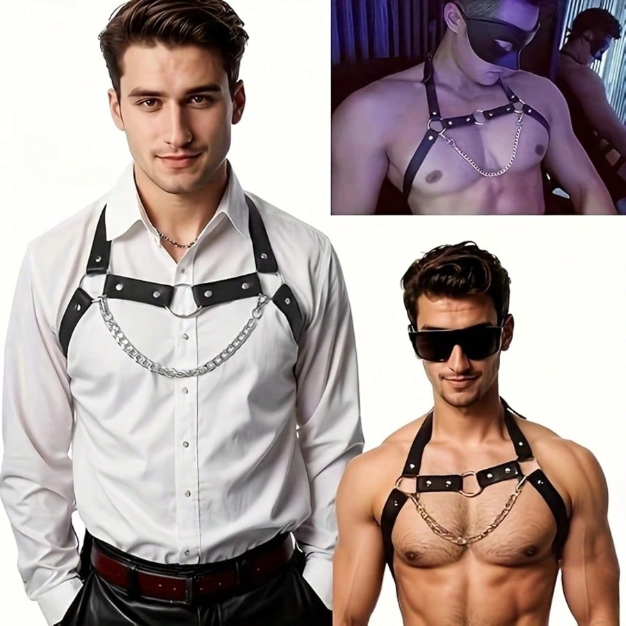 Men's Chest Chain Suspenders - Punk Stud Detail, Adjustable Square Buckle Shoulder Strap, Very Suitable For Nightclubs, Parties And Electronic Music Festivals - Black, ,Punk Style, Adjustable Strap
