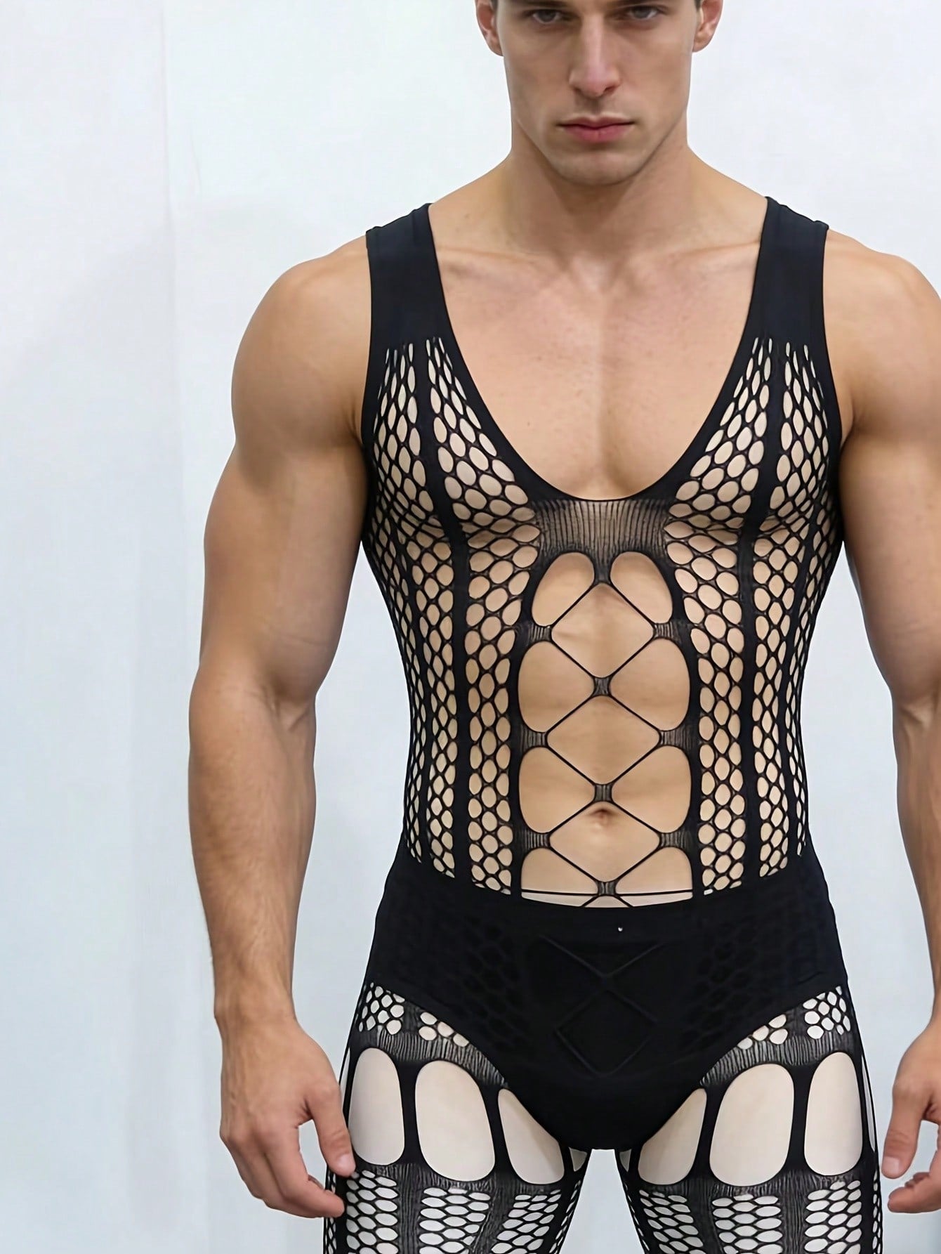Elastic Knitted Sheer Mesh Fishnet Bodystocking For Men
