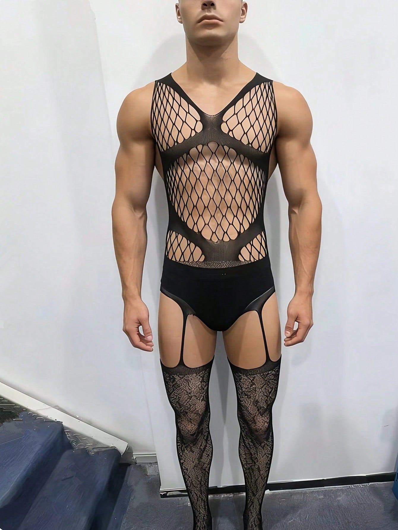 Hollow Out Leopard Jacquard Fishnet Bodystocking For Men