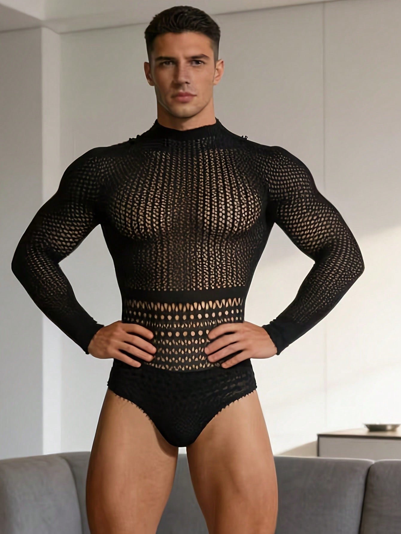 Fishnet Hollow Out Mesh Jumpsuit For Men