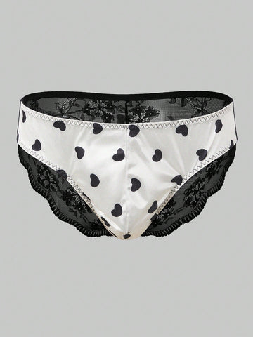 Men’s Heart Print Short With Contrast Trim Detail, Textured Knit Fabric, For Everyday Use