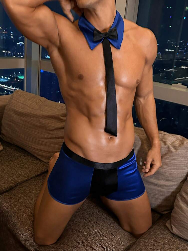 Men’s 2 Piece Costume Set with Contrast Color Shorts and Bow Tie, Lightweight Fabric, Decorative Detail, For General Occasions