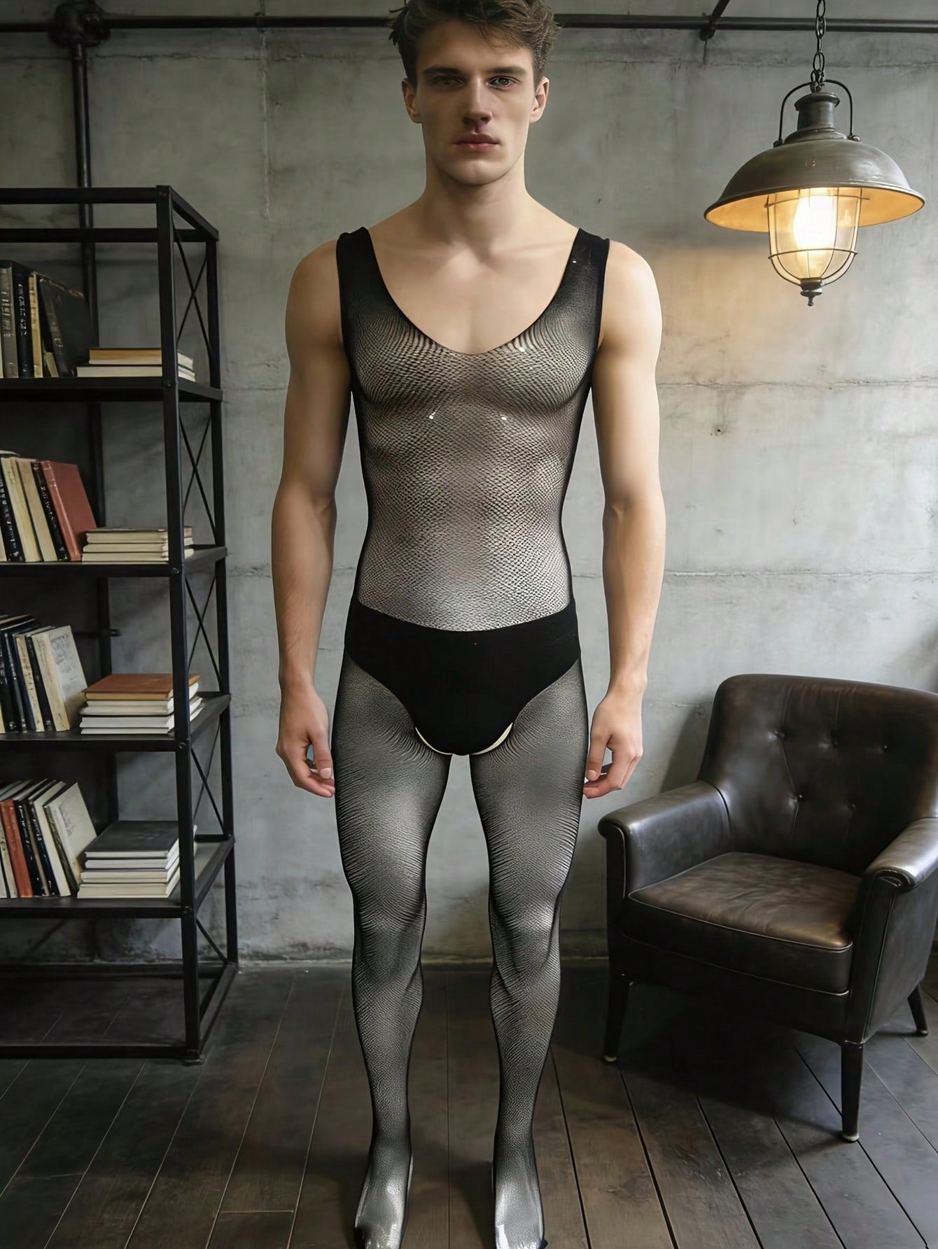 Elastic Knitted Sheer Mesh Fishnet Bodystocking For Men