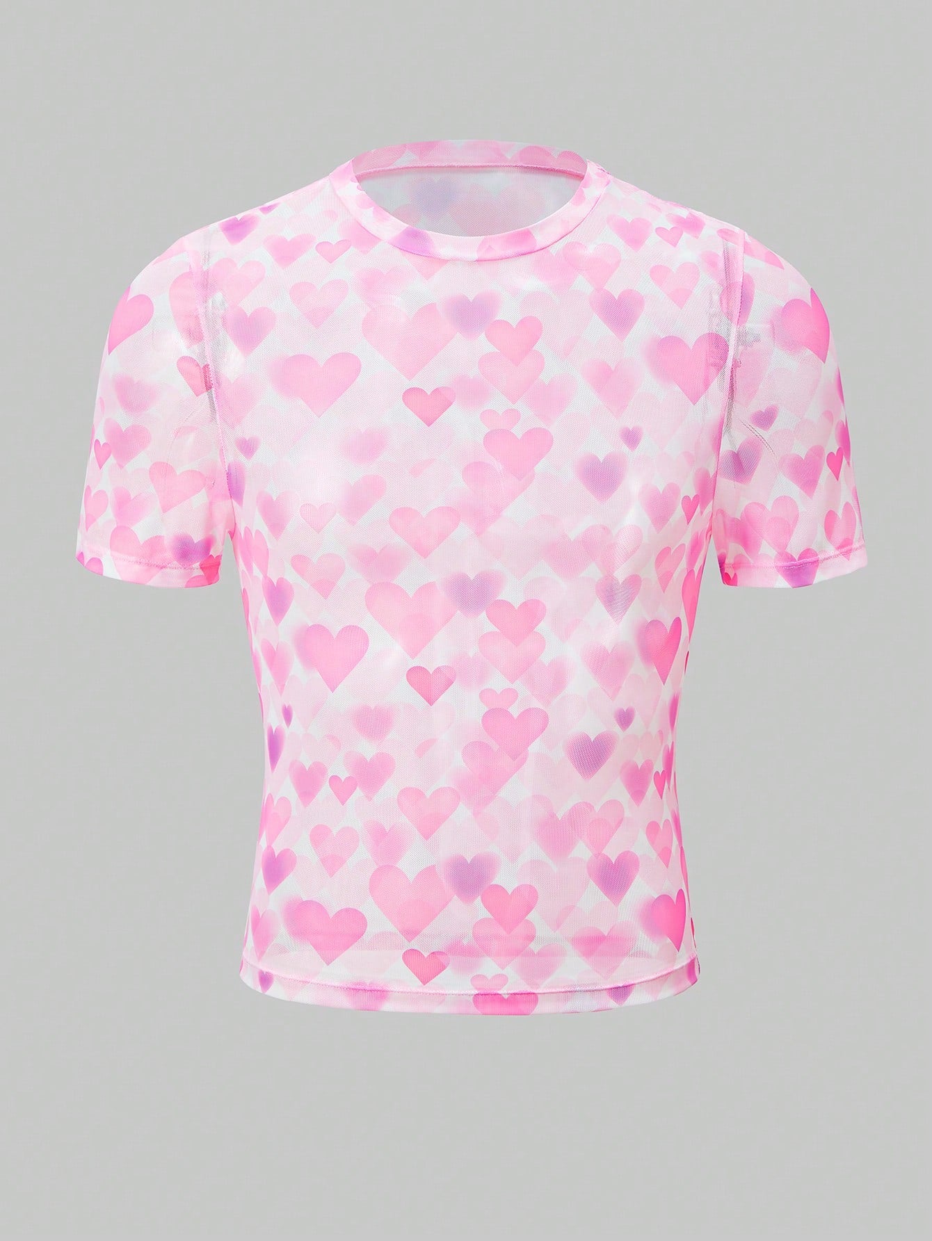 Men’s Short Sleeve Mesh Fabric Top With Allover Heart Print, Lightweight Design, For Casual Wear