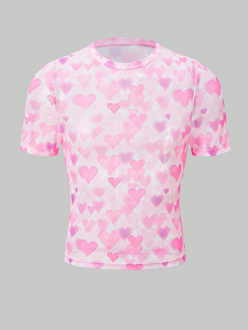 Men’s Short Sleeve Mesh Fabric Top With Allover Heart Print, Lightweight Design, For Casual Wear