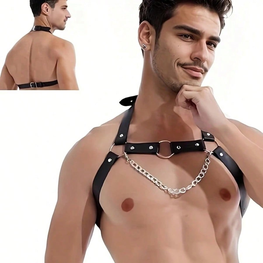 Men's Chest Chain Suspenders - Punk Stud Detail, Adjustable Square Buckle Shoulder Strap, Very Suitable For Nightclubs, Parties And Electronic Music Festivals - Black, ,Punk Style, Adjustable Strap
