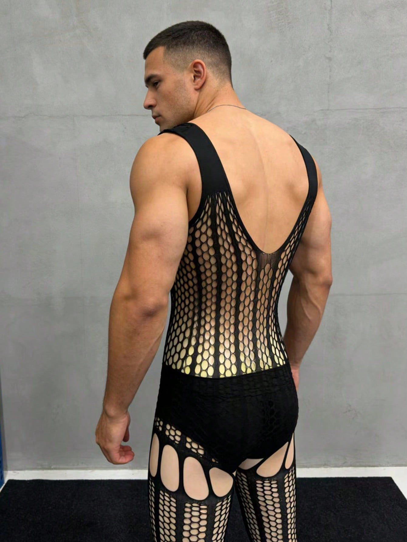 Elastic Knitted Sheer Mesh Fishnet Bodystocking For Men