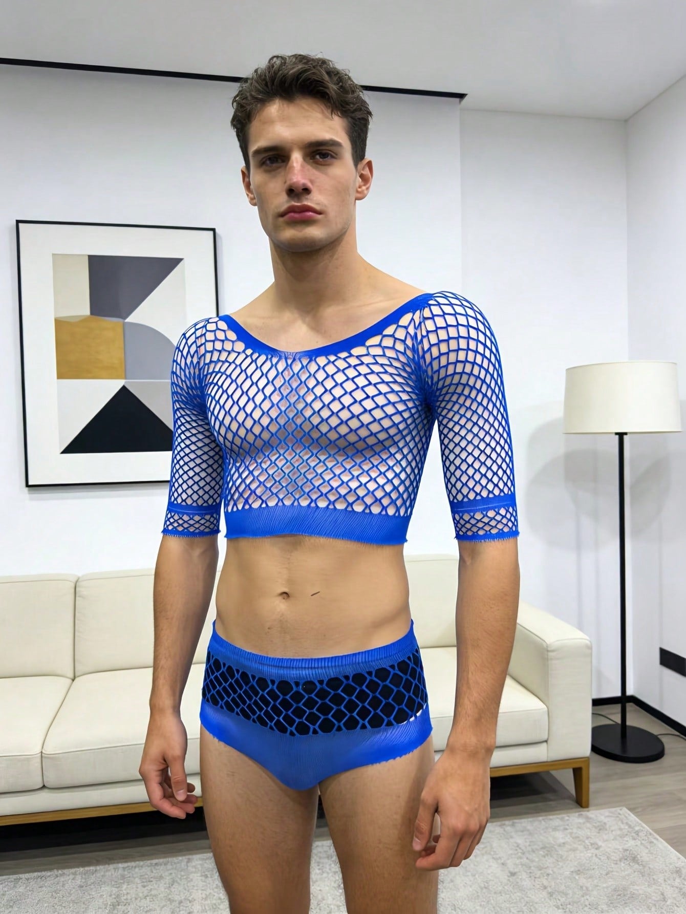 Knitted Elastic Mesh Sheer Lingerie Set For Men
