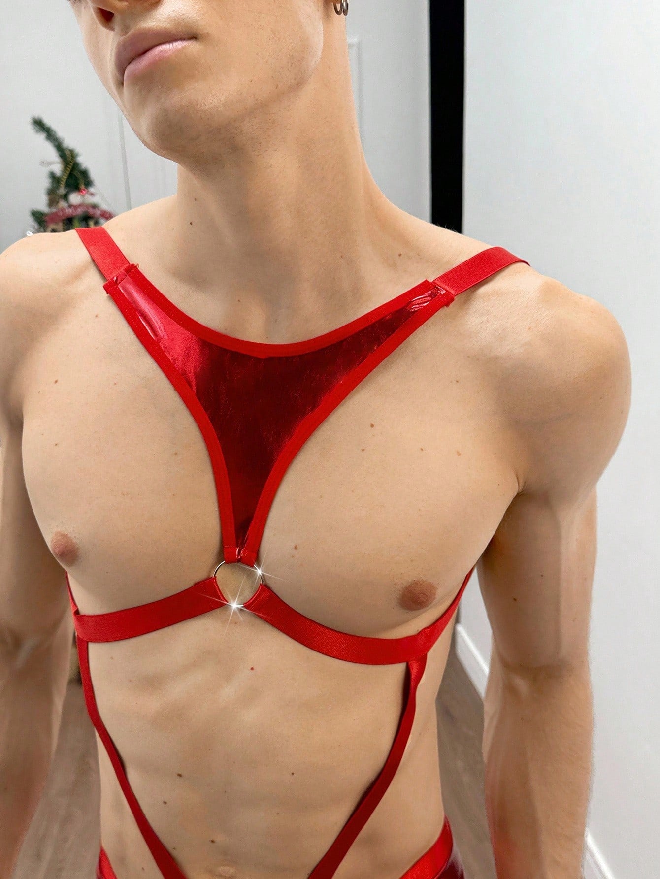 Men’s Shiny Texture One-Piece Outfit With Headband Neutral Design For Casual Styling