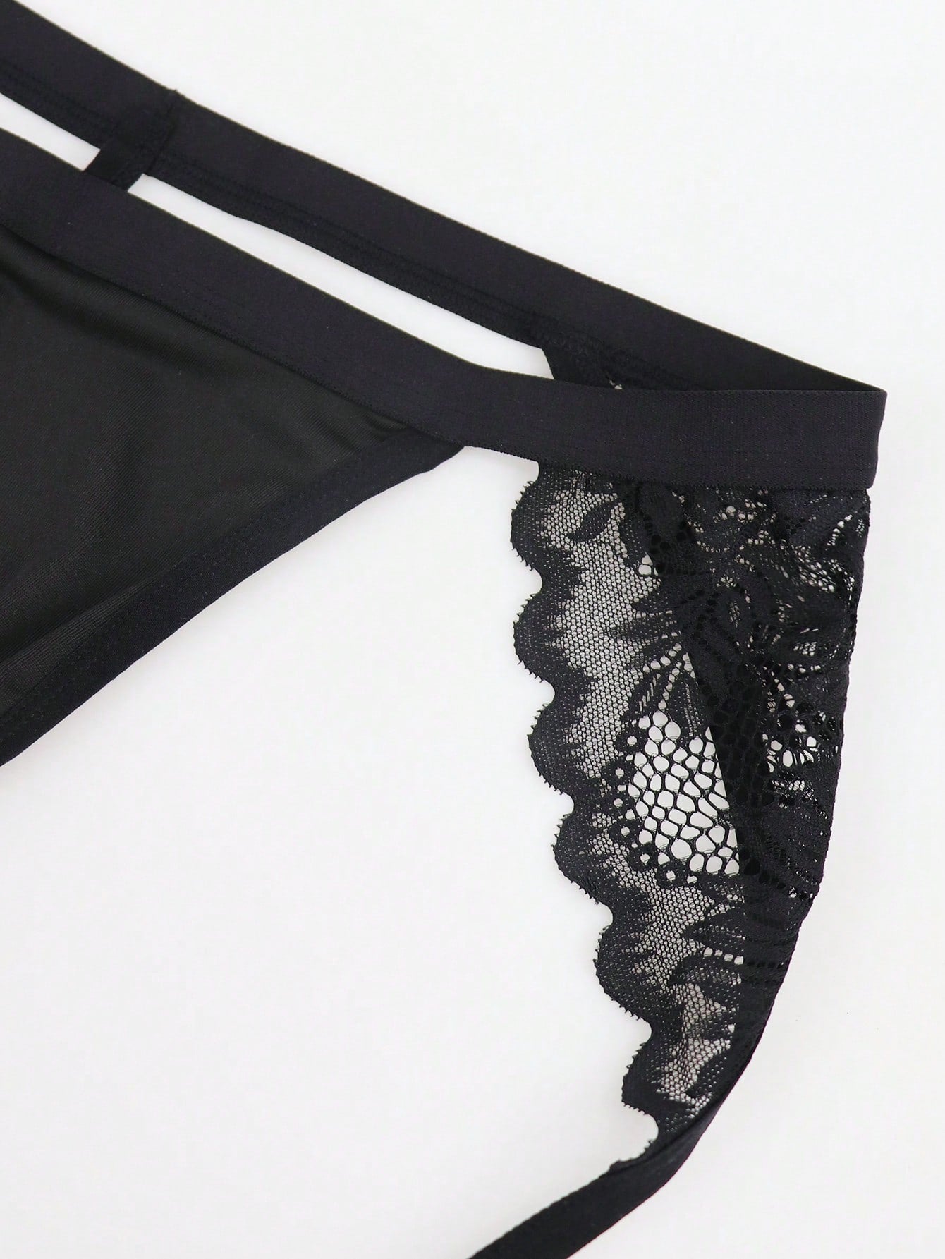 1pc Men’s Black Lace Short with Decorative Strap Detail, Lightweight Fabric