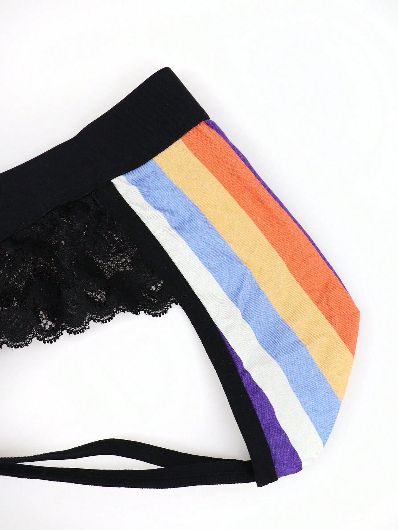 1pc Men’s Black Textured Knit Short With Rainbow Print Detail, Lightweight Design, For Daily Use